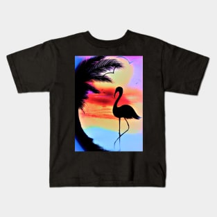 tropical sunset silhouette flamingo Kids T-Shirt